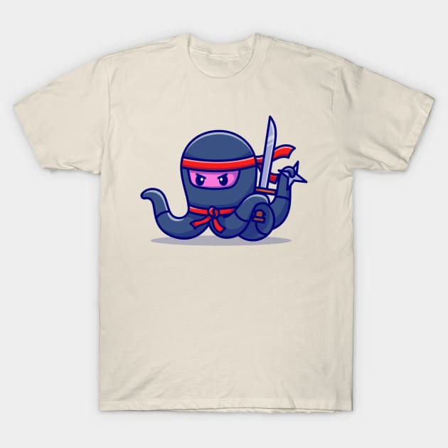 Cute Octopus Ninja Holding Sword Cartoon T-Shirt by Catalyst Labs